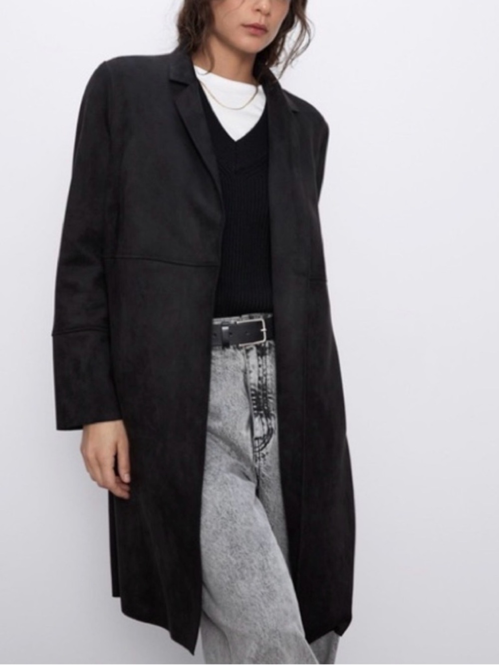 ZARA SUEDE FAKE LEATHER BLACK COAT